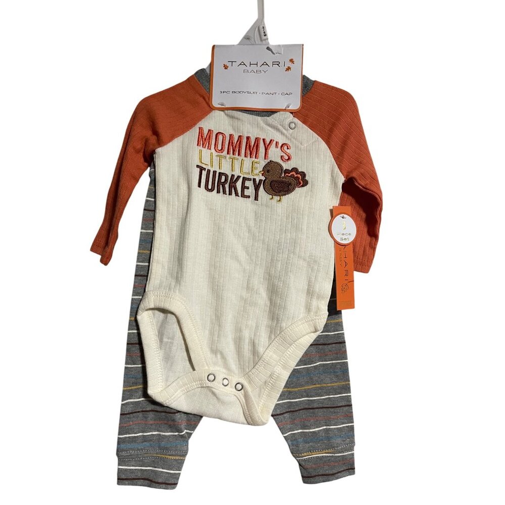 Tahari Baby 3-Piece Outfit Set 3-6M Mommys Little Turkey Bodysuit Pants Cap Fall